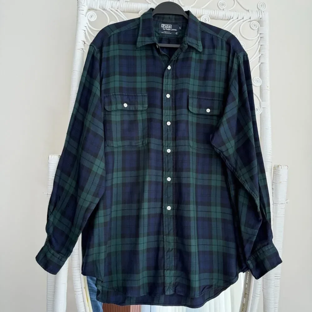 Ralph Lauren Shirt Mens Large Green Blue Tartan Blackwatch Silk Flannel USA Made
